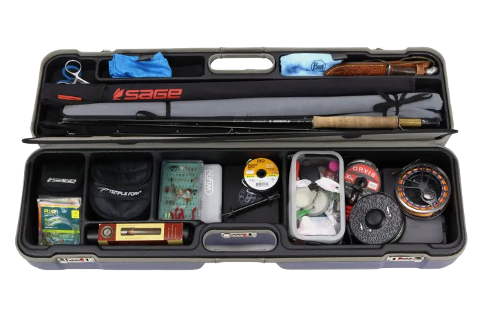 Sea Run Cases Norfork Expedition interior, loaded with rods, reels, and accessories