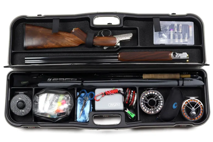 Sea Run Cases Cast & Blast interior, loaded with a take-down shotgun and fly fishing gear
