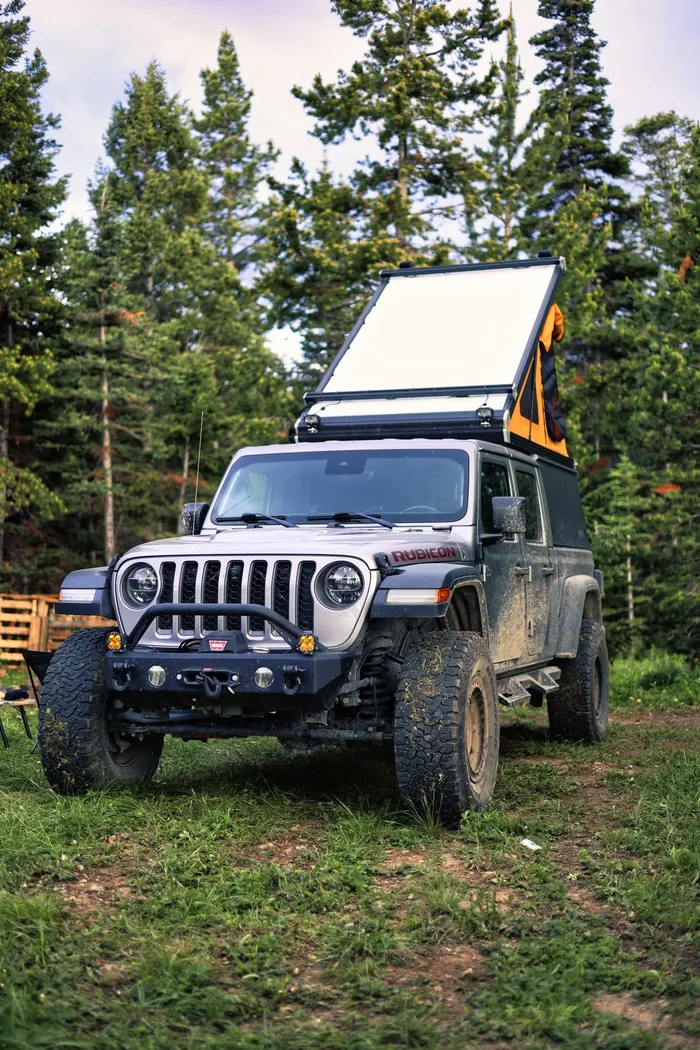 Cordell's Jeep Wrangler Rubicon, set up for overlanding, in the Montana backcountry