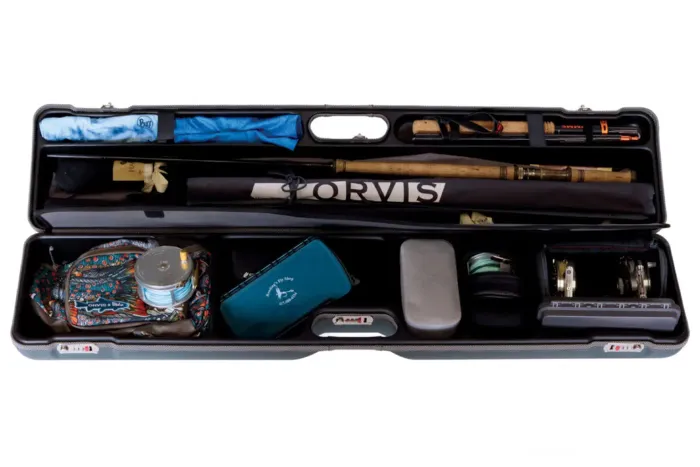 Sea Run Cases Spey Gear Locker interior, loaded with spey rods and large arbor reels
